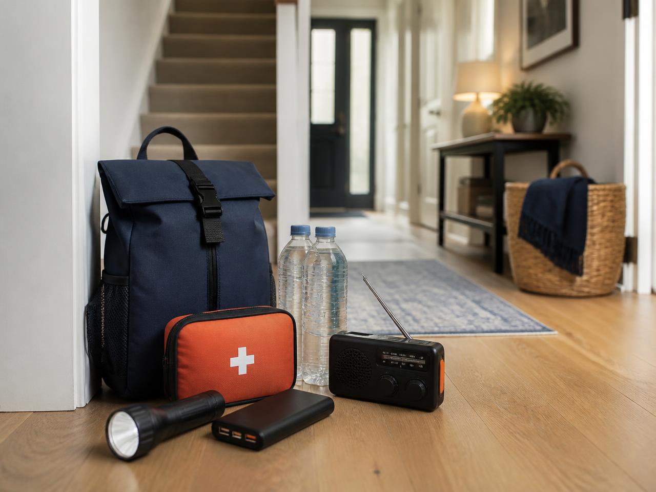 A tidy UK household emergency kit with torch, power bank, first aid kit, water and a wind-up radio in a hallway